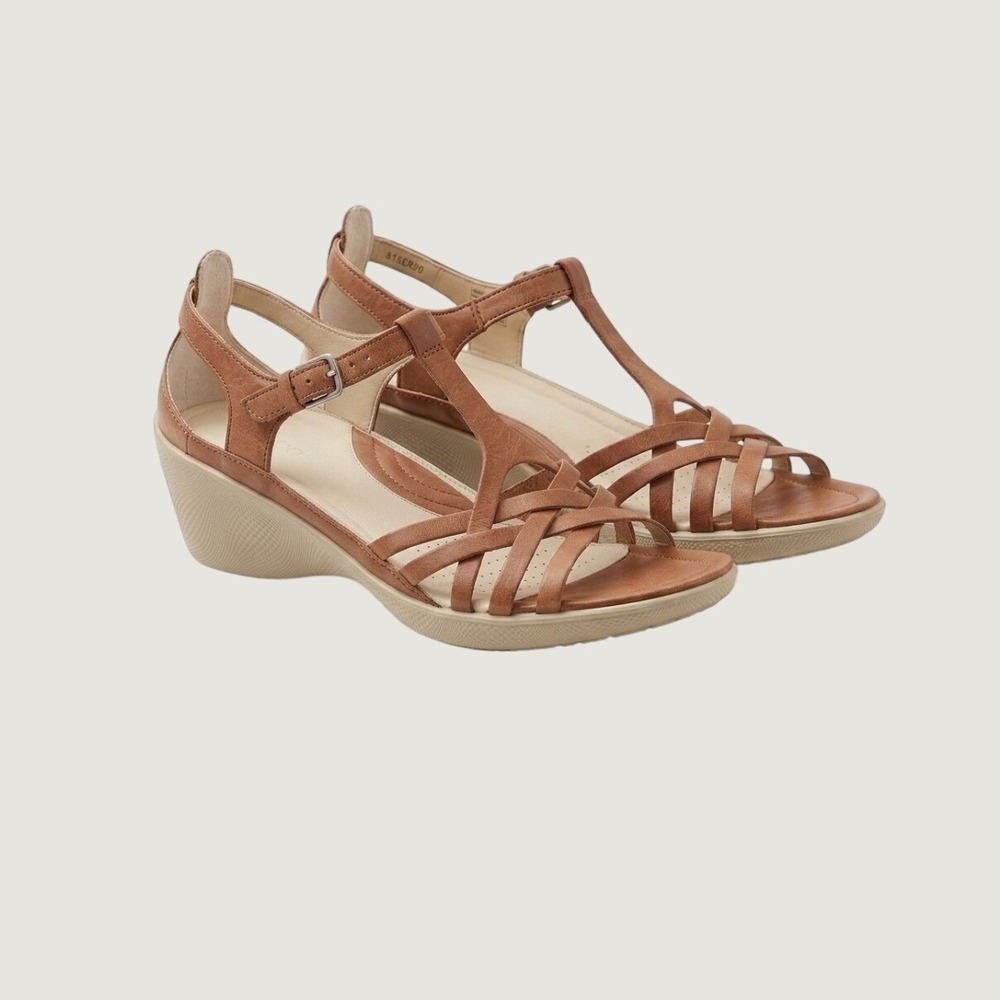 Ecco‎ Strappy Wedge Sandals Cognac Brown Leather Womens 39 3135820